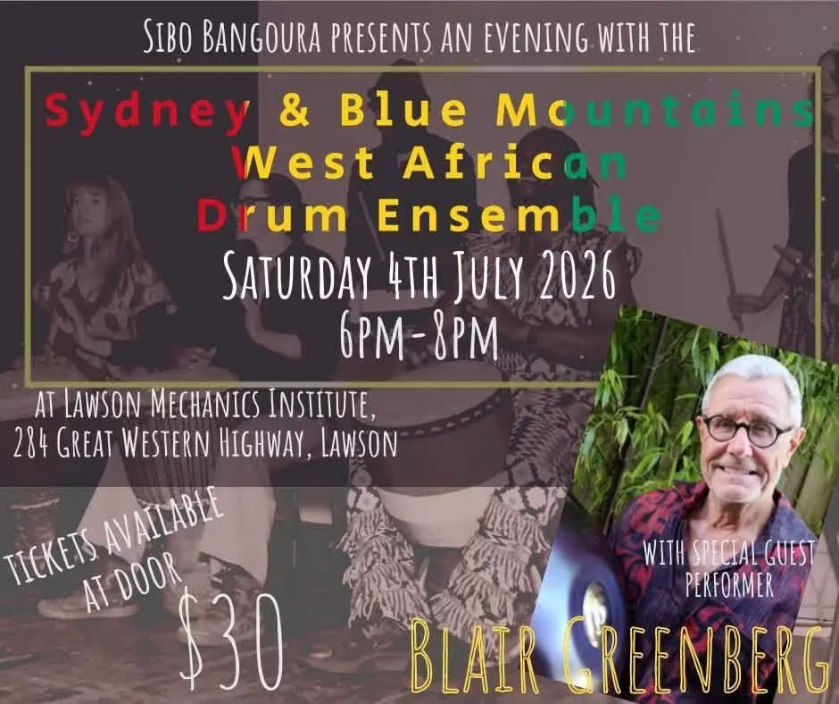 Poster for the Sydney and Blue Mountains West African Drum Ensemble evening at Lawson, 4 July 2026