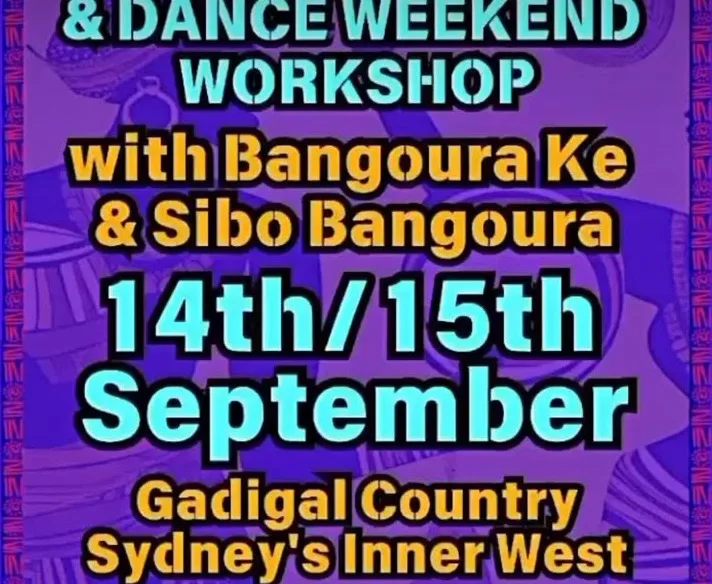 Poster for the African Drumming and Dance Weekend Workshop with Bangoura Ke and Sibo Bangoura, 14 and 15 September 2024