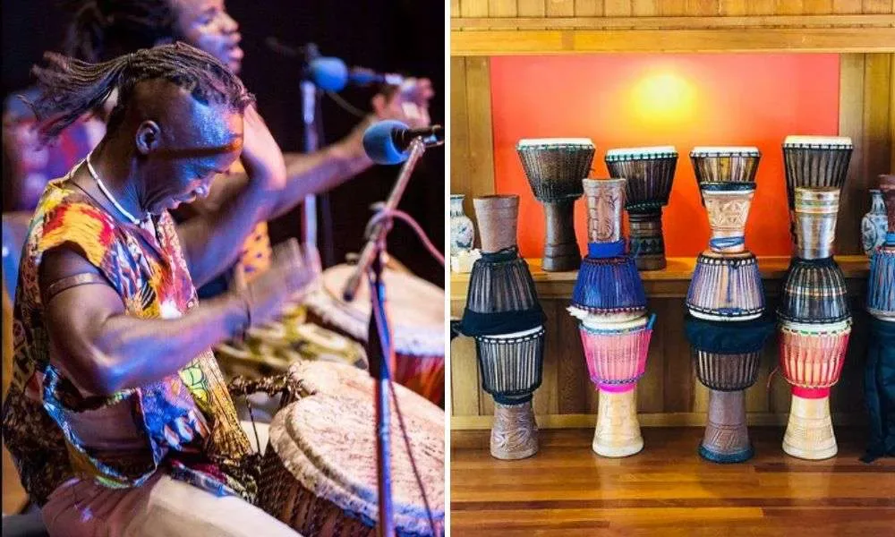 Drums lined up in the hall at Happy Buddha Retreats, and a drummer performing