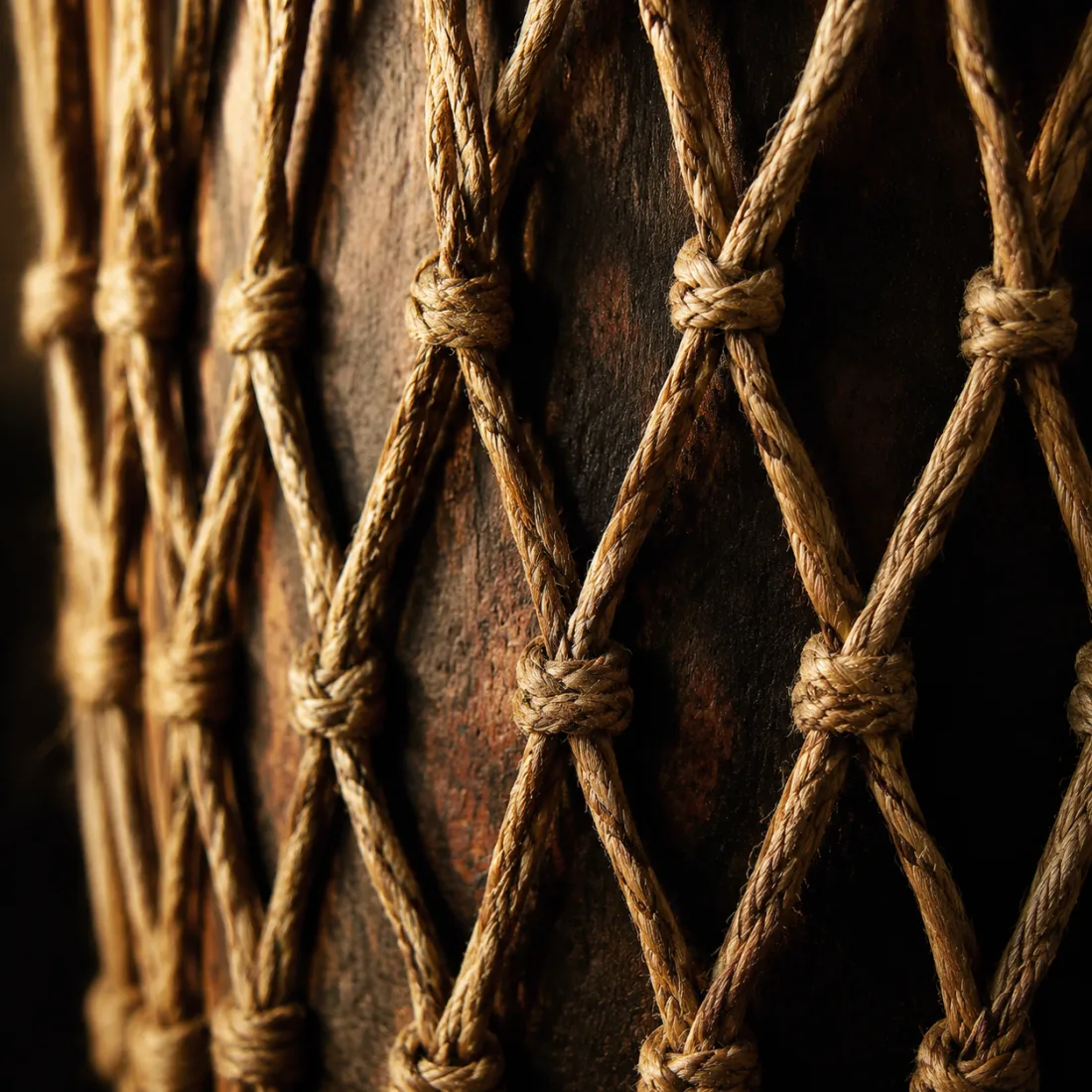 Djembe tuning rope woven in a diamond pattern against dark wood